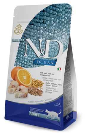 Farmina N&D Ocean Ancestral Cod, Spelt, Oats & Orange Adult Низькозерновий сухий корм з тріскою та апельсином для дорослих кішок