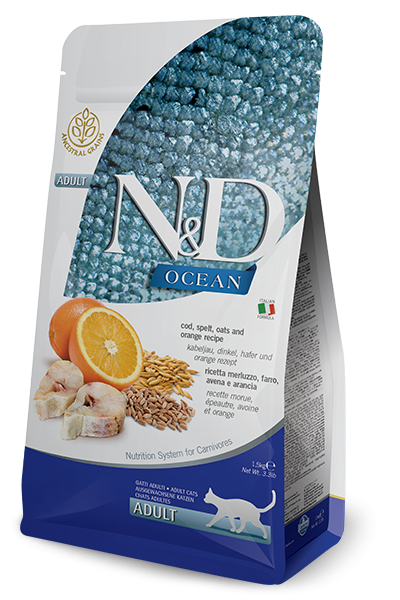 Farmina N&D Ocean Ancestral Cod, Spelt, Oats & Orange Adult Низькозерновий сухий корм з тріскою та апельсином для дорослих кішок