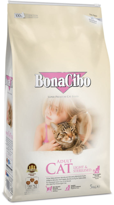 BonaCibo Adult Cat Light & Sterilized Сухий корм супер преміум класу з м'ясом курки, анчоусами та рисом для дорослих стерилізованих котів та котів із зайвою вагою